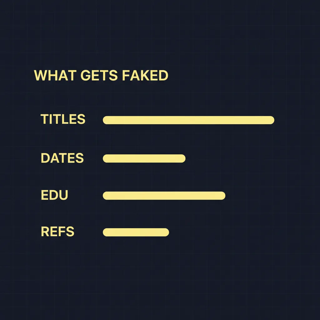 A ranked view of what candidates fake most — job titles, employment dates, education credentials, and references