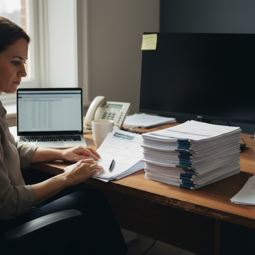A recruiter reviewing a thick stack of printed resumes during screening — the manual effort spent before any verification runs