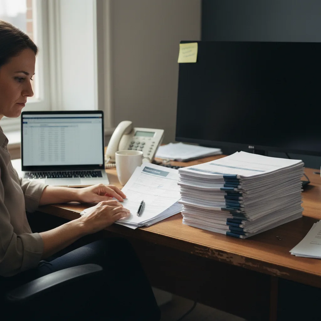 A recruiter reviewing a thick stack of printed resumes during screening — the manual effort spent before any verification runs