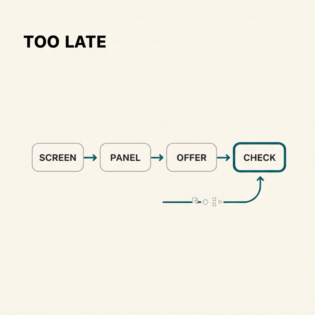 A hiring pipeline showing the background check stranded at the end — too late — with an arrow pointing to where authentication should happen instead