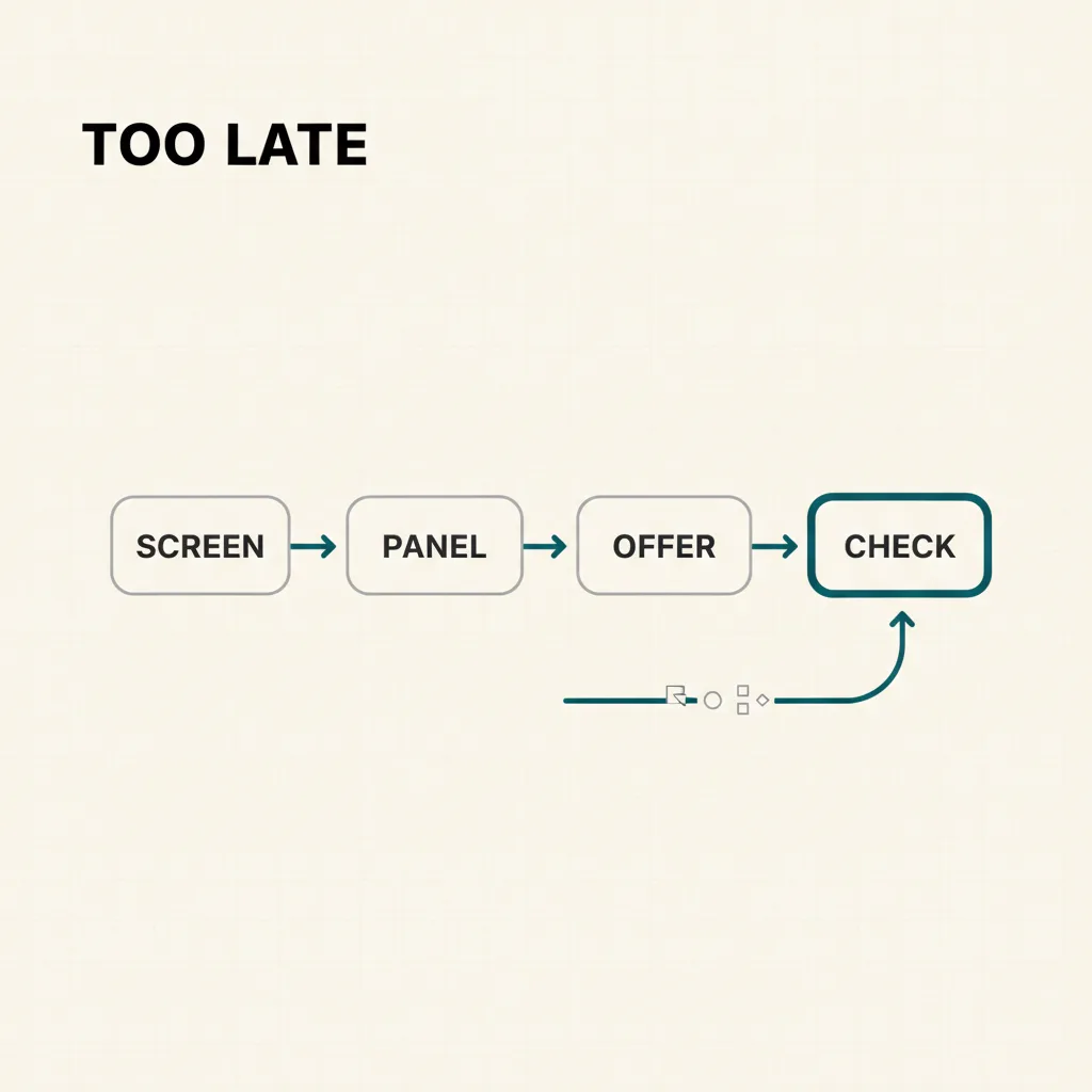 A hiring pipeline showing the background check stranded at the end — too late — with an arrow pointing to where authentication should happen instead