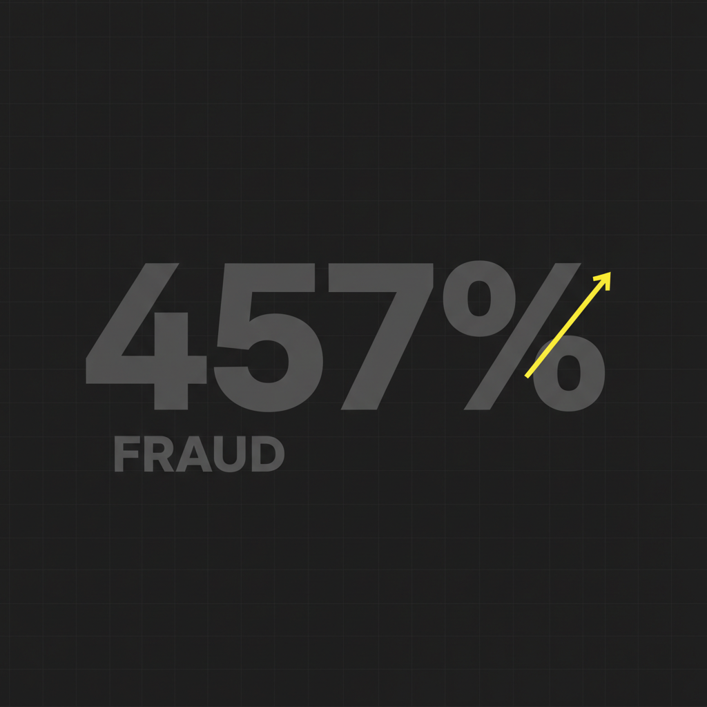 An editorial poster showing job fraud losses up 457%, the scale of the AI resume fraud problem facing enterprise hiring teams