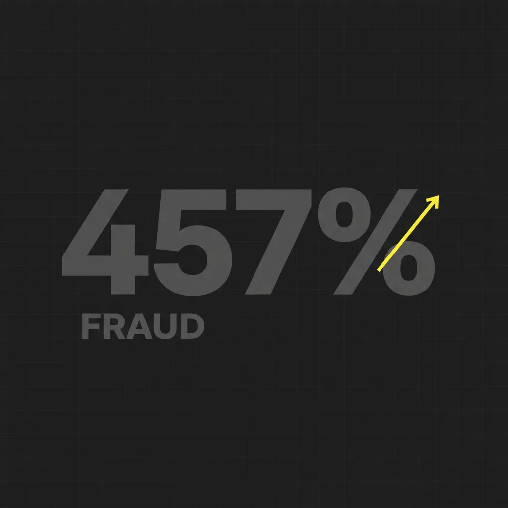 An editorial poster showing job fraud losses up 457%, the scale of the AI resume fraud problem facing enterprise hiring teams