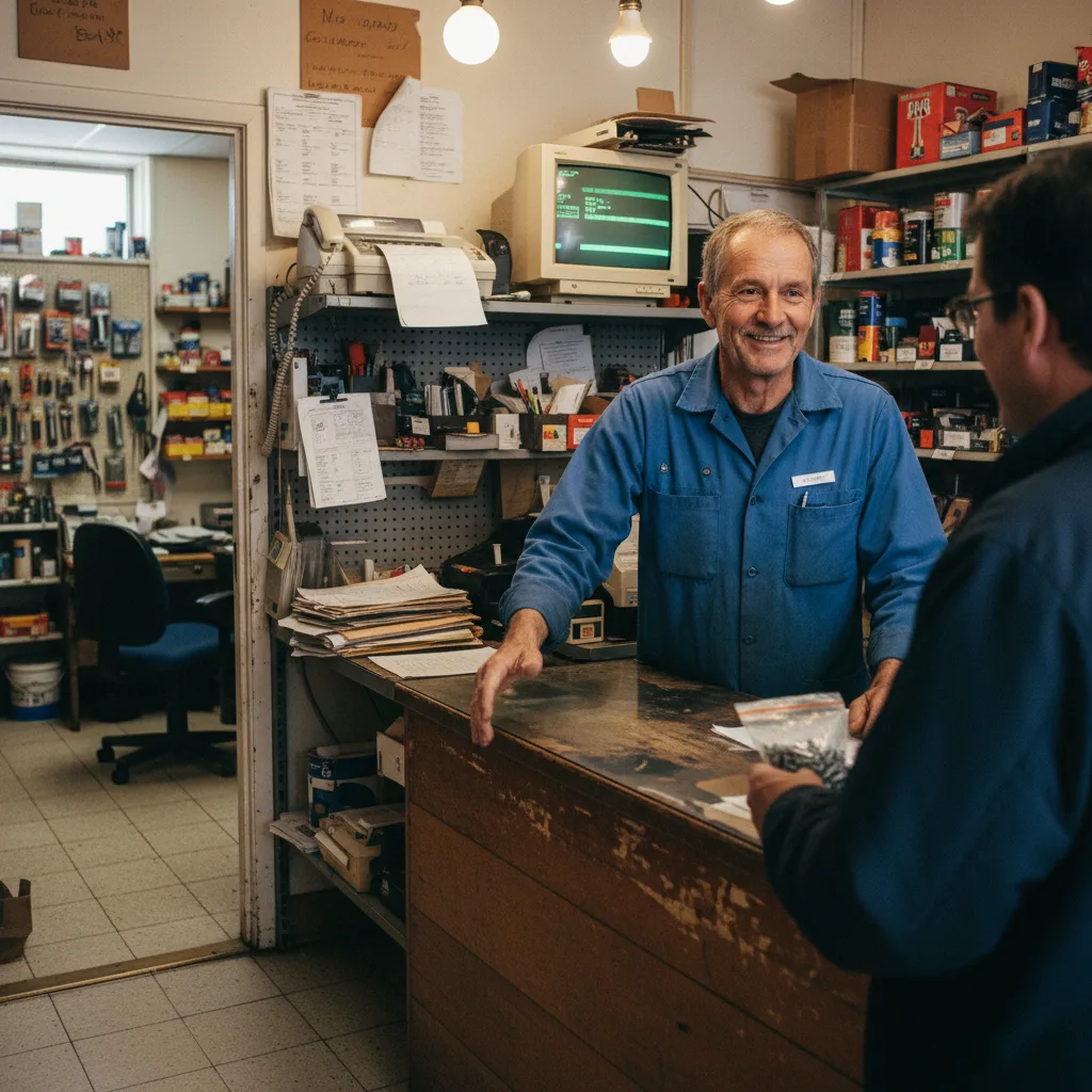 A small-business owner mid-shift with an unread fax sitting on a back-office shelf