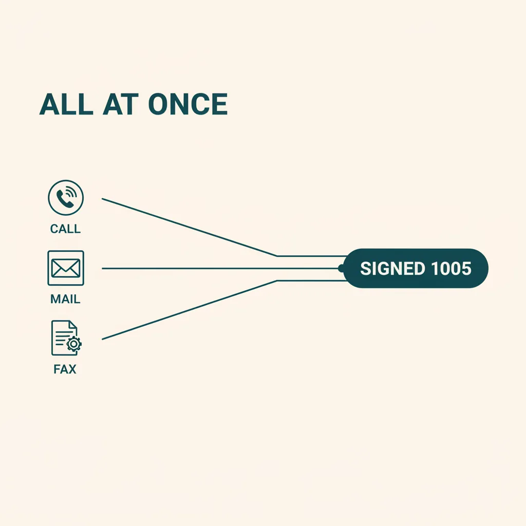 Parallel phone, email, and fax outreach converging on a signed Form 1005