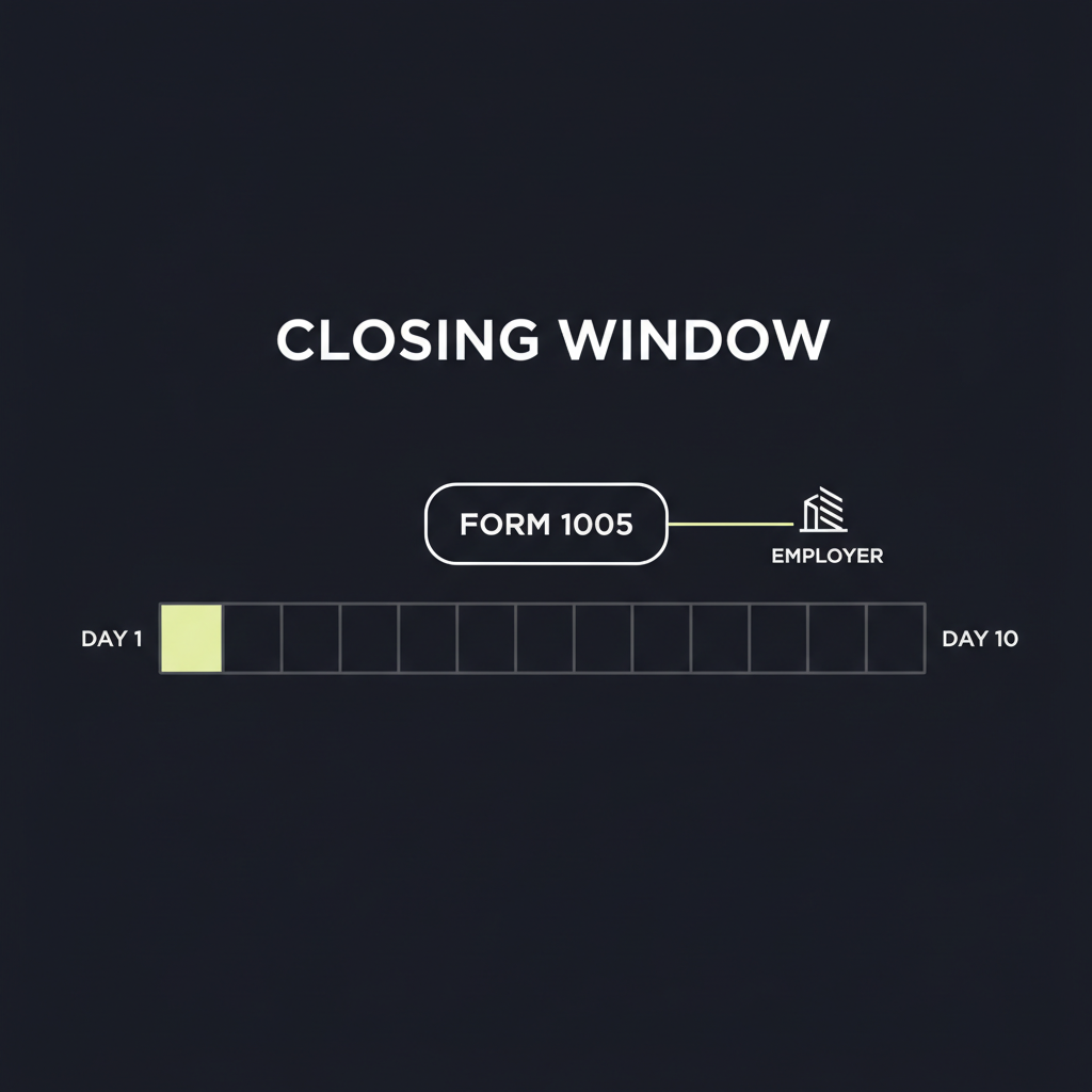 Diagram of a closing-deadline countdown with Fannie Mae Form 1005 in the center and parallel phone, email, and fax outreach lines connecting to a small employer