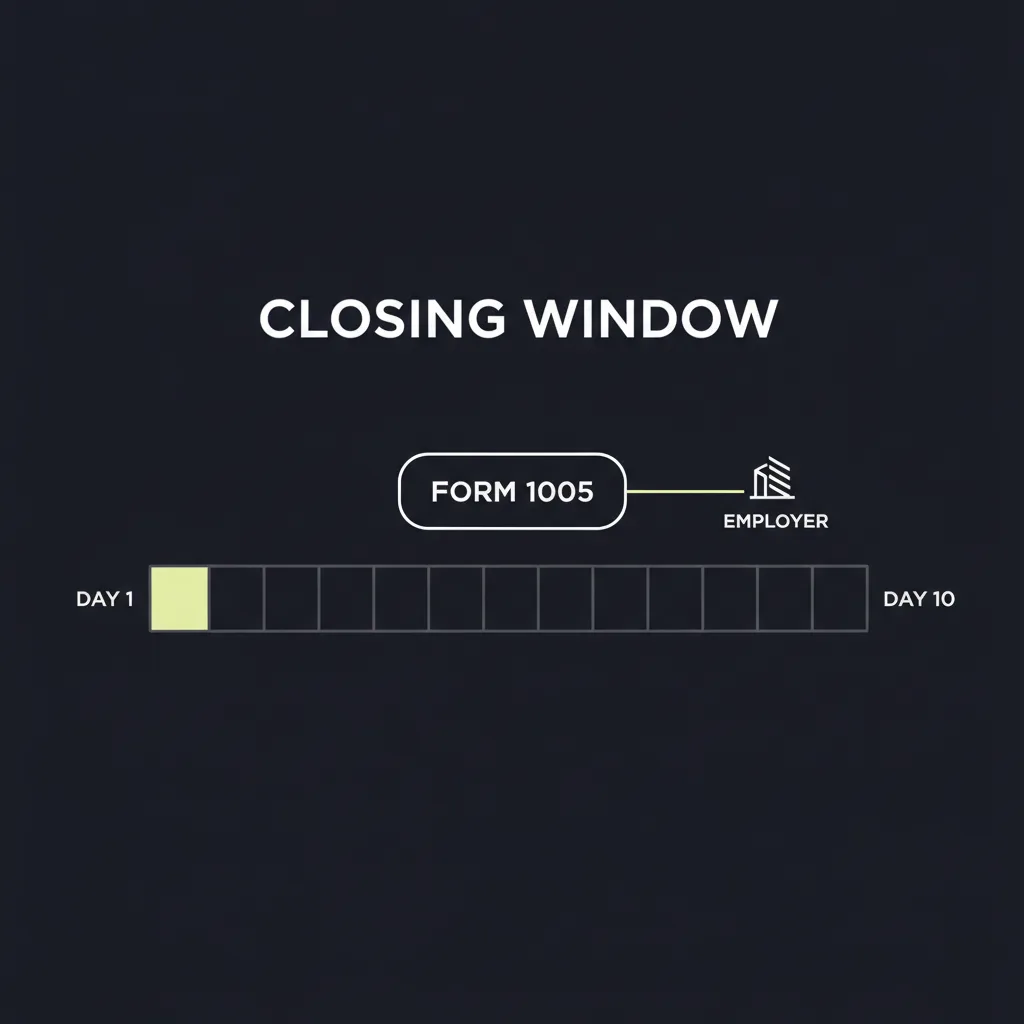 Diagram of a closing-deadline countdown with Fannie Mae Form 1005 in the center and parallel phone, email, and fax outreach lines connecting to a small employer